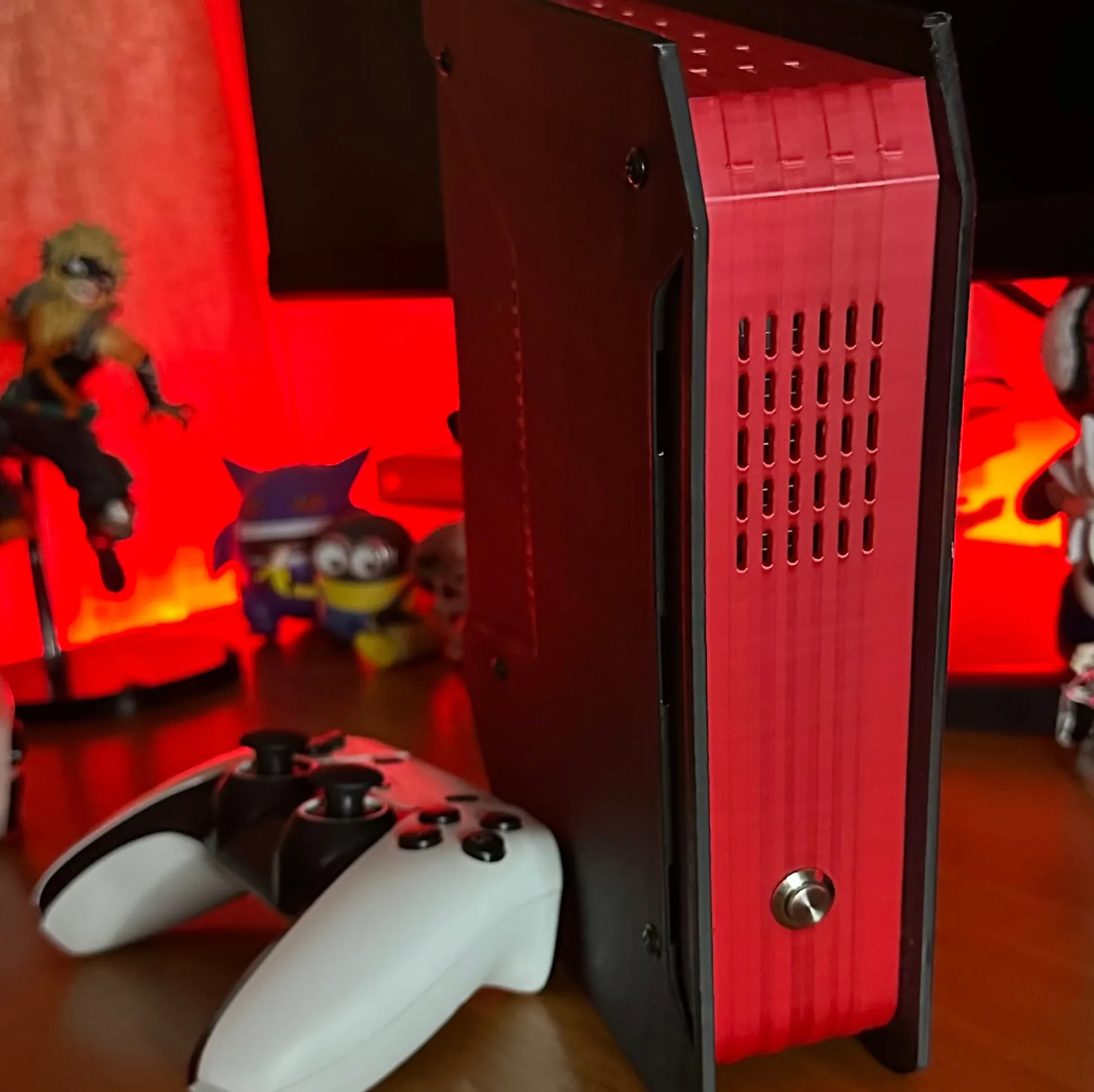 Original console photo showing the red panel and wireless controller